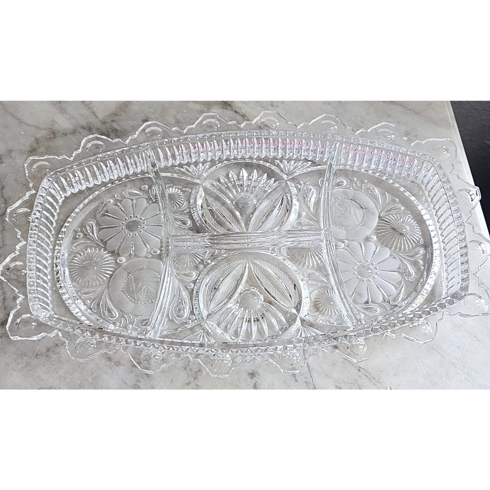Cut Crystal Divided Serving Tray, Floral Design