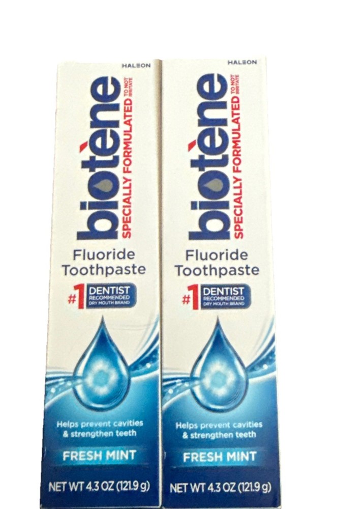2x Biotene Fluoride Toothpaste Fresh Mint, 4.3 Oz EXP 04/2028
