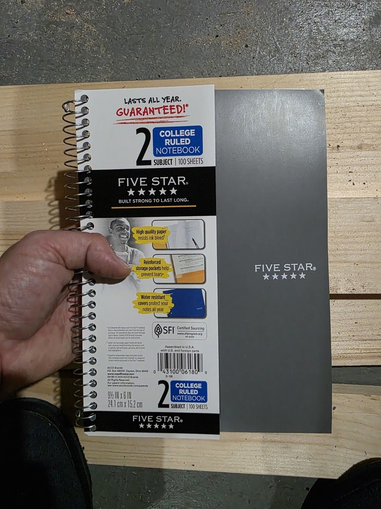 5 Star Spiral Notebook 6 X 9 2 subject (random colors)