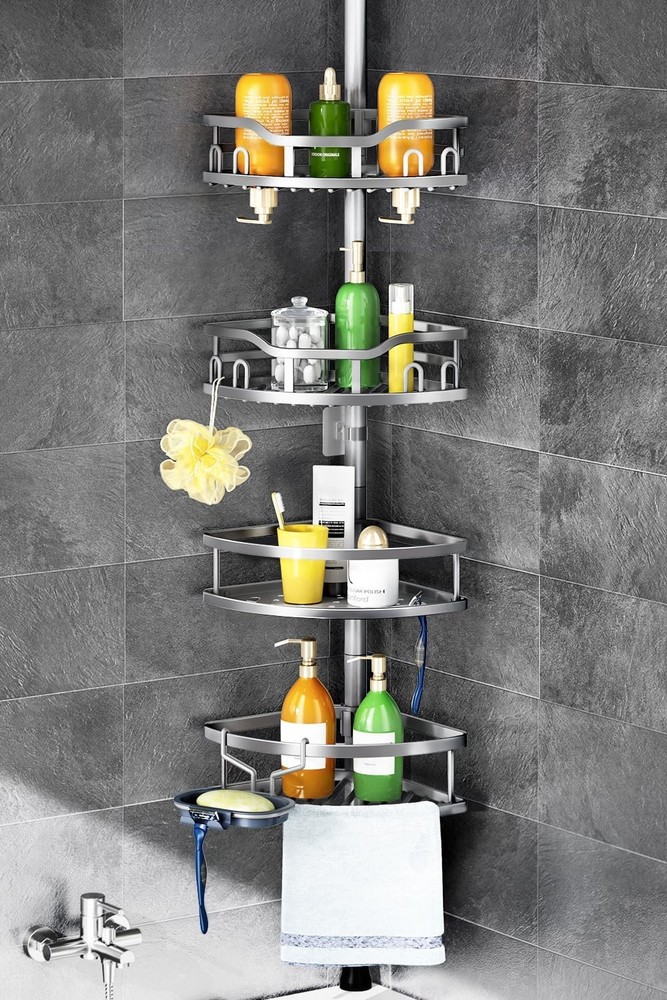 Rustproof Corner Shower Caddy - 4-Tier Adjustable Tension Pole Organizer