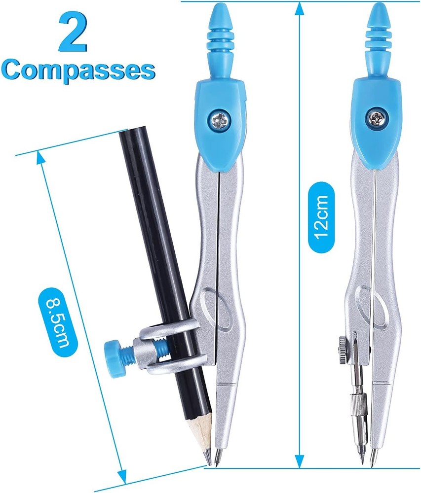 Math Geometry Kit Set 10 Pieces with Shatterproof Storage Box, Student Blue