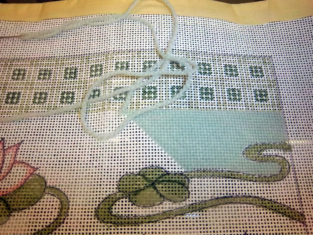 Handpainted Needlepoint canvas, partially completed, Lilly pads & flowers, cute