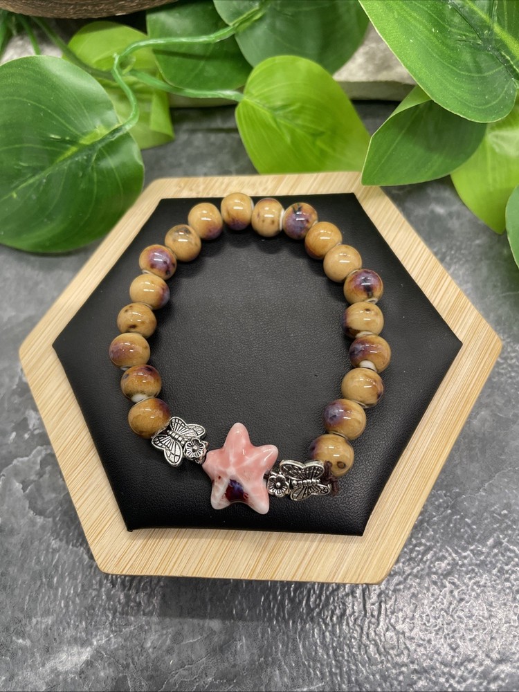 Handmade Ceramic Bead Beaded Stackable 6.25” Plus Stretch Bracelet New B237