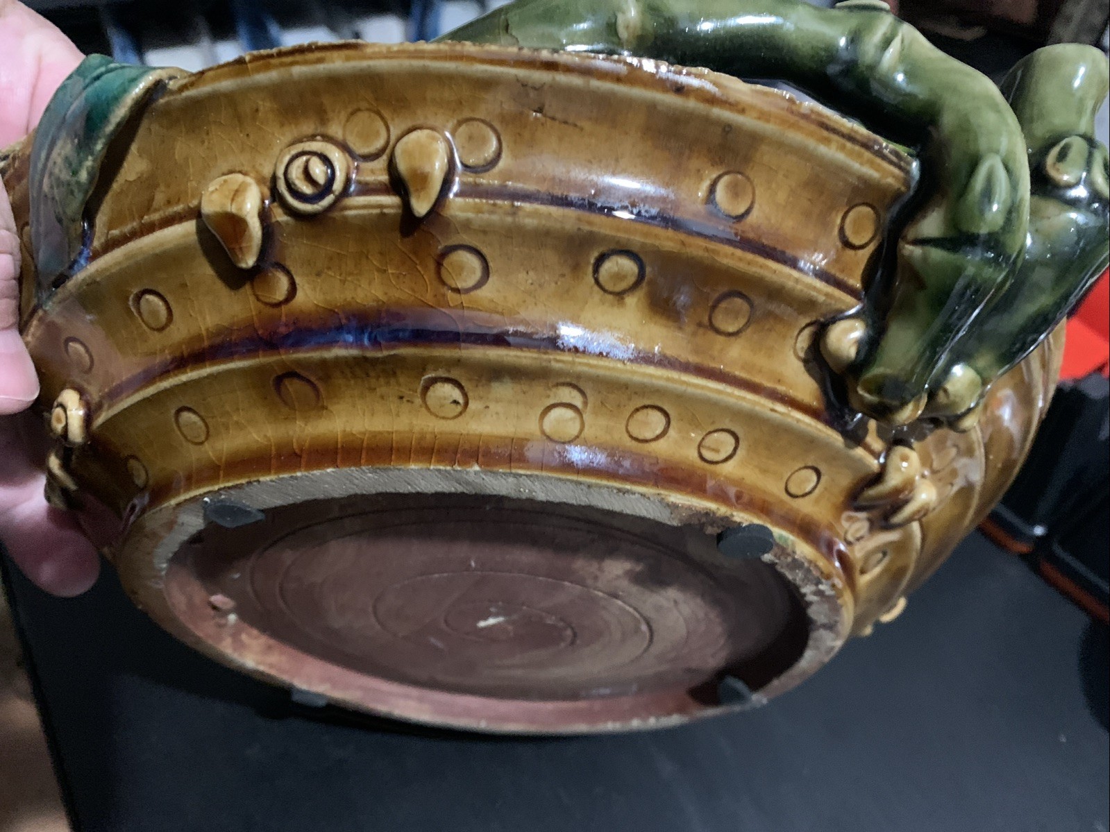 Vintage Mission Style Pottery Dragonfly Collectable Art Pottery Green Bowl 11"