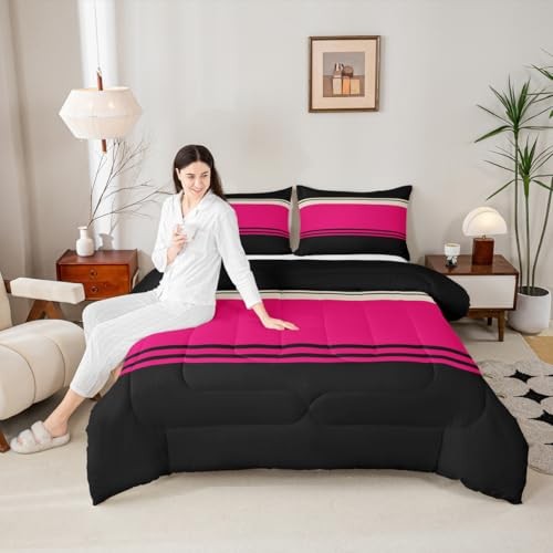 Patchwork Striped Comforter Set Hot Pink Black Stripes Bedding Queen Pattern 04