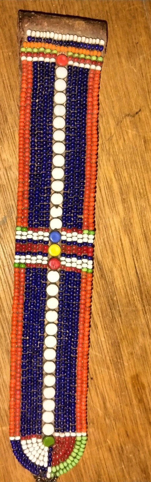 Antique African Maasai Beaded Leather Strap 8" Petina & Handbeading - Decorative