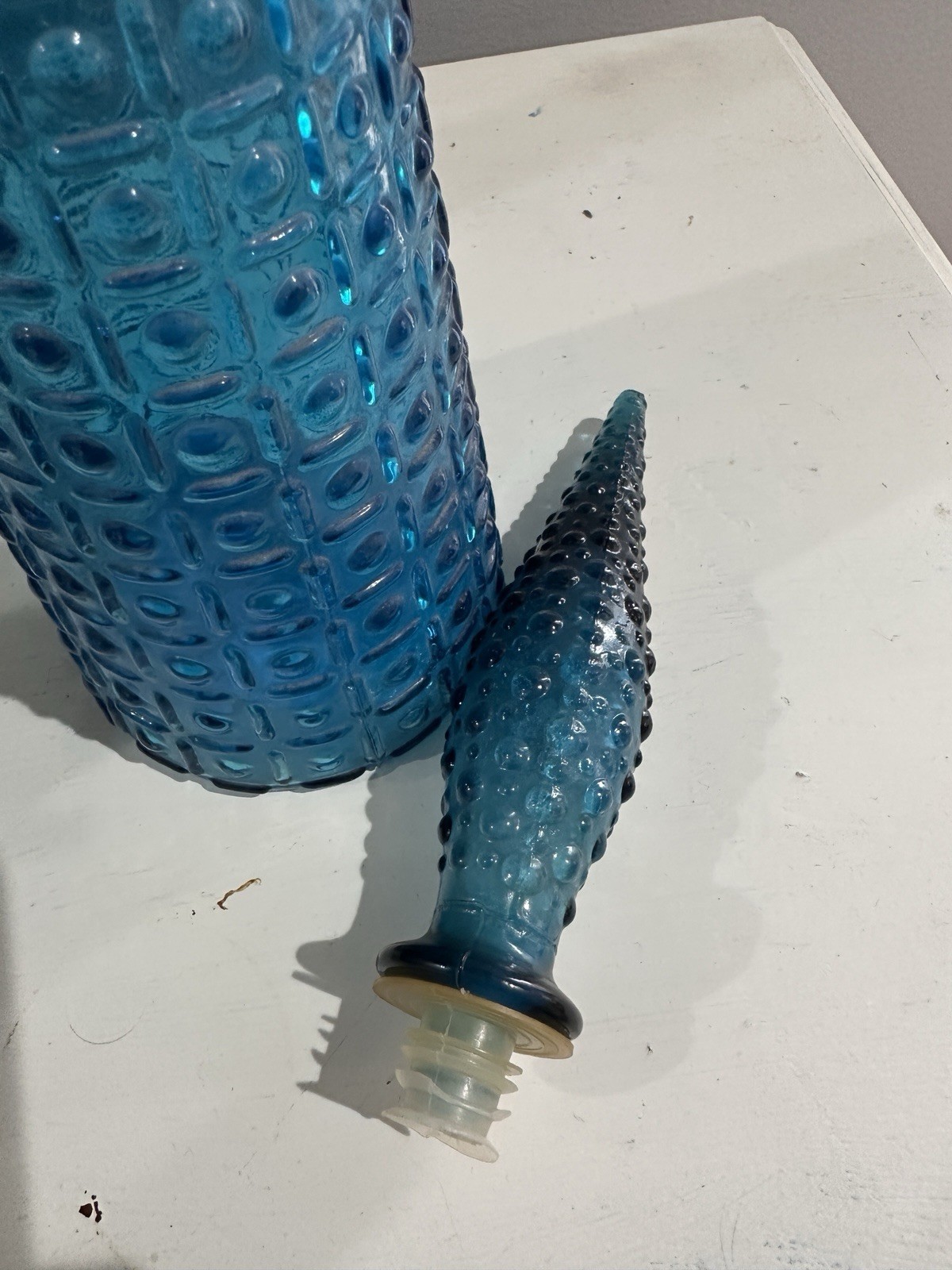 Vintage 1960s Italian Empoli Blue Glass Aztec Hobnail Genie Bottle, Decanter.
