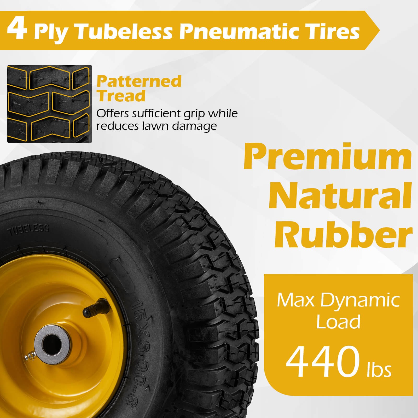 15x6.00-6Tubeless Tires&Wheels(2 Pack),4 PR/Ply Pneumatic Tires w/3"Centered Hub