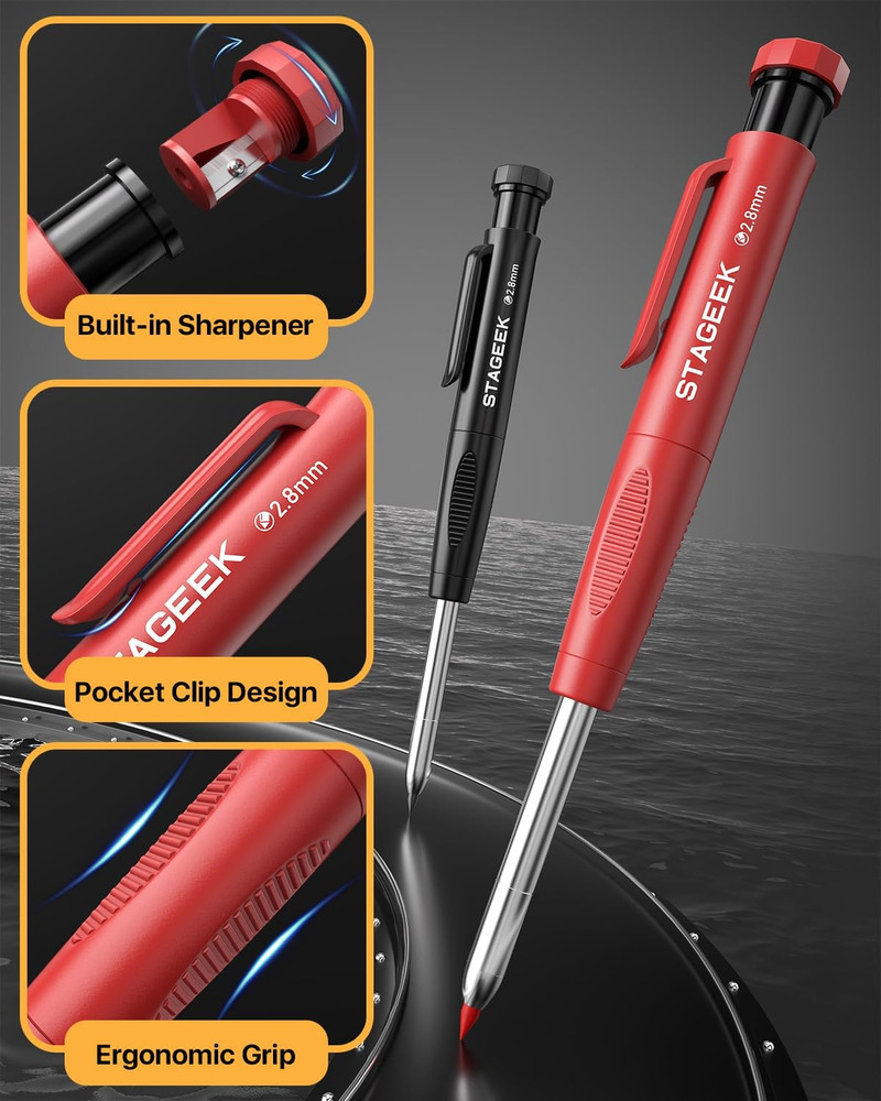 3PCS Carpenter Pencils with Sharpener, Heavy Duty Woodworking Tools, Mechanical