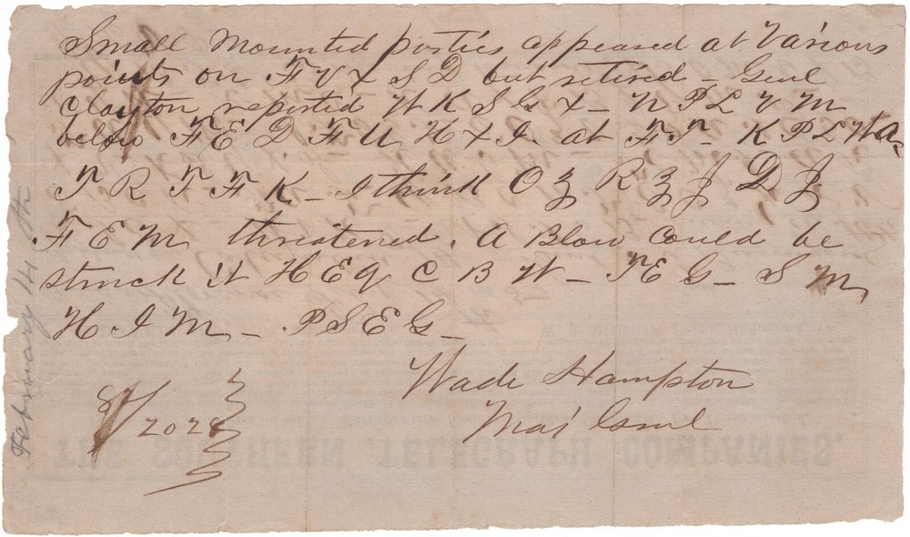 Coded Telegraph from Wade Hampton, Reports on WT Sherman Before Fall of Columbia