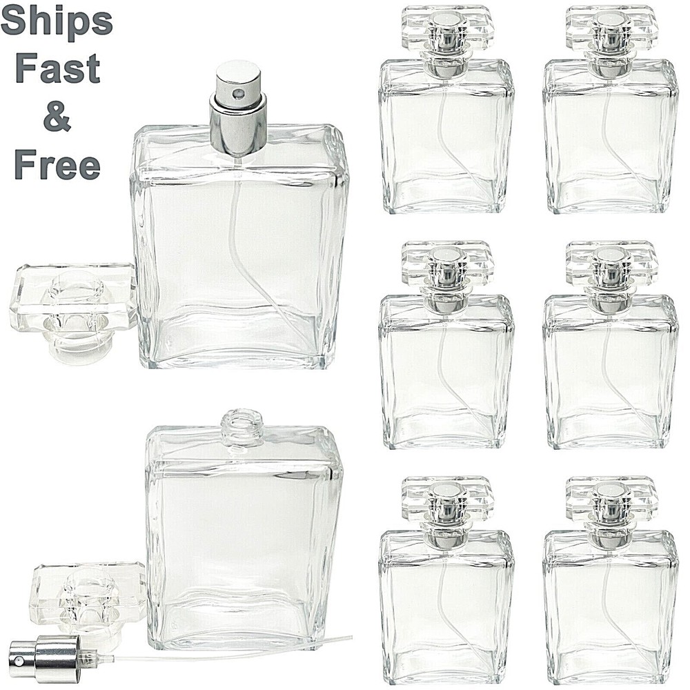 100ml 3.4oz square T-cap beveled glass spray bottle silver atomizer