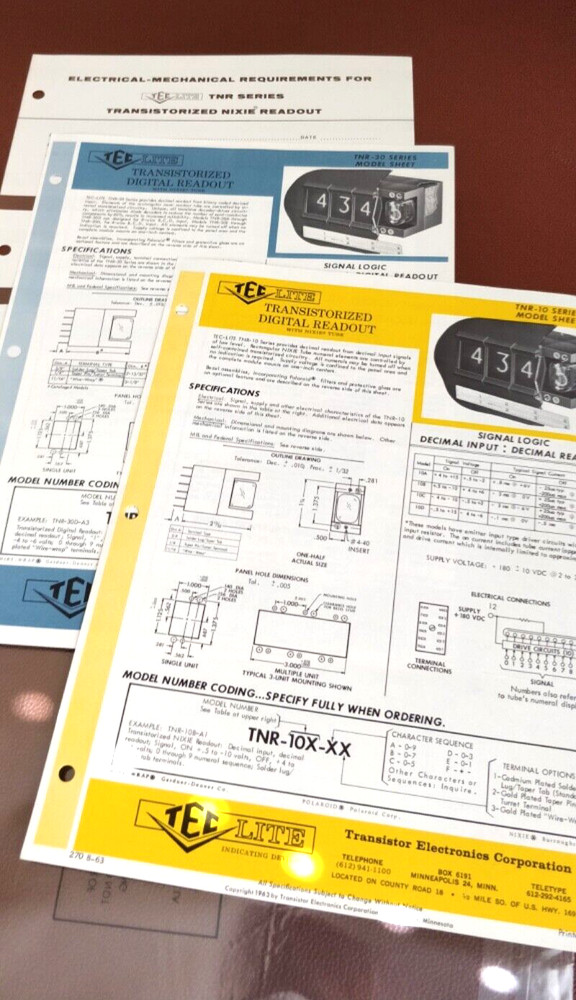1963 TEC Digital Readout ~ Spec sheets ~ Transistor Electronics Corp TNR-10 -30