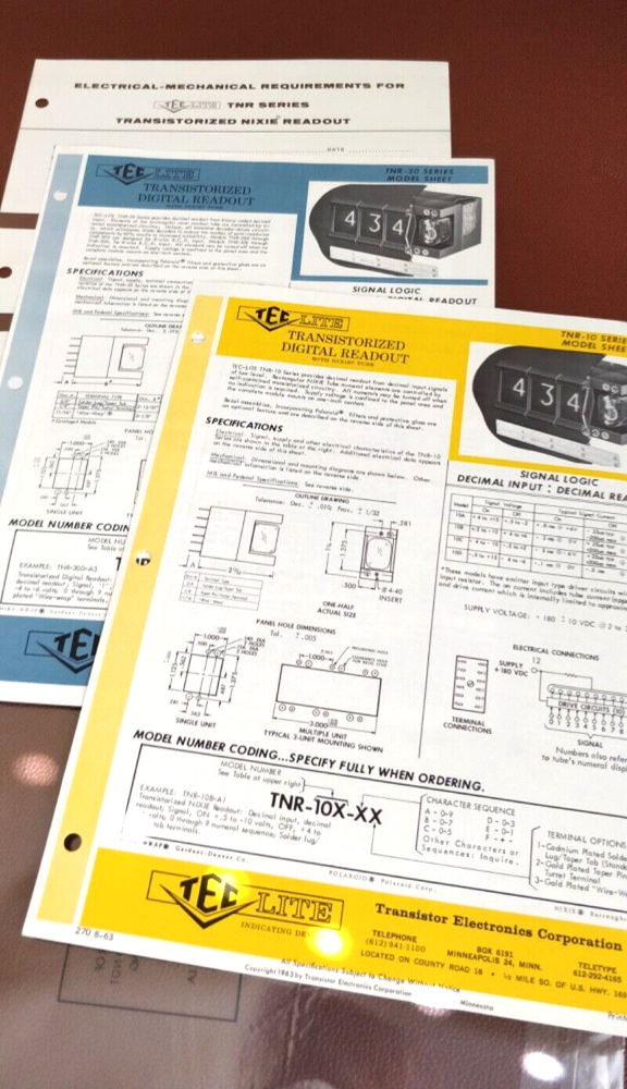 1963 TEC Digital Readout ~ Spec sheets ~ Transistor Electronics Corp TNR-10 -30