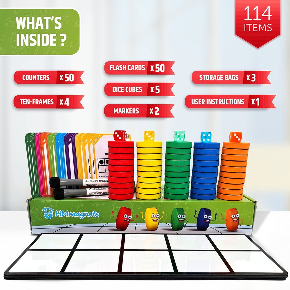 Magnetic Ten Frame Set: 4 Durable Ten-Frames + 50 Colorful Counters + 50 Math...