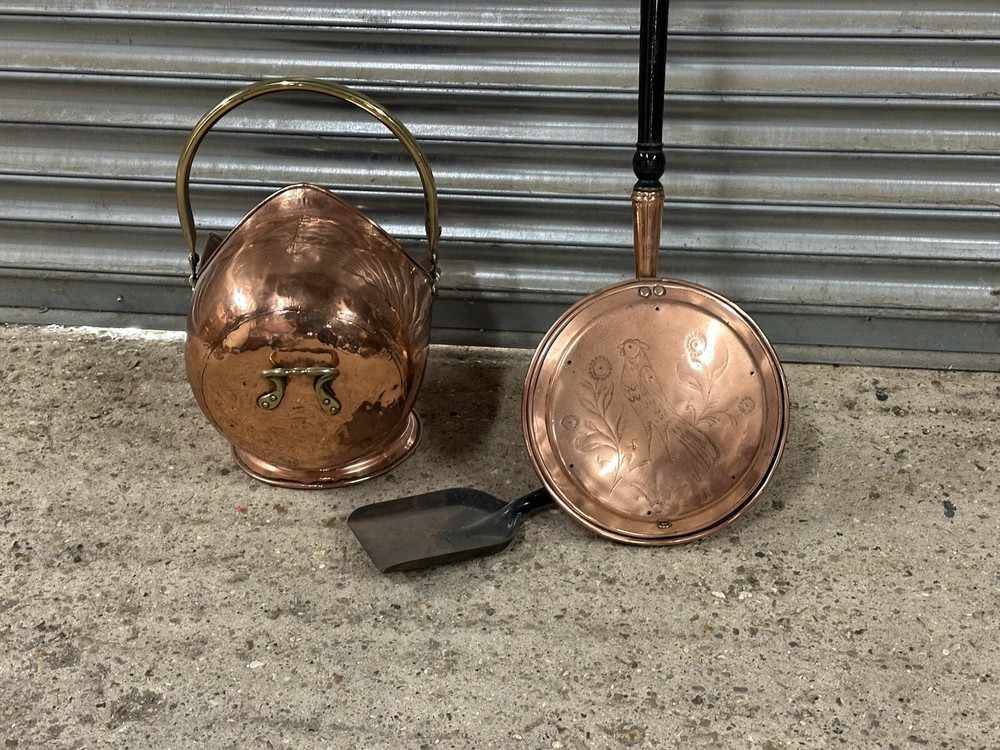 Antique 19thC Copper Coal Scuttle With Pin Hammered Pattern Bed Warmer