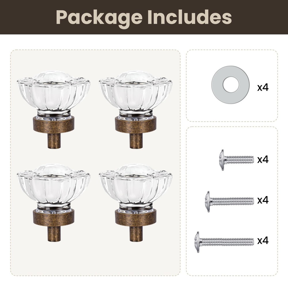 4 Pack Crystal Glass Cabinet Knobs, Vintage Antique Brass Drawer Knobs Aged B...