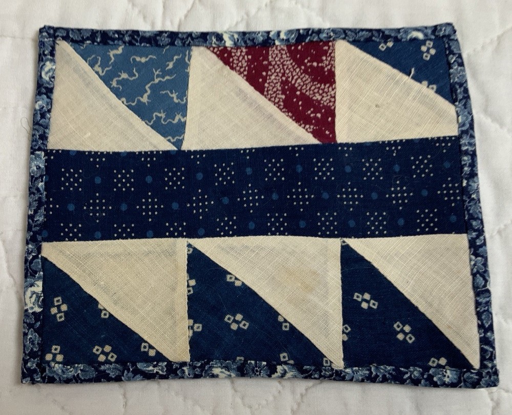 Antique Patchwork Quilt Table Topper, Early Calico Prints, Triangles, Navy, Blue