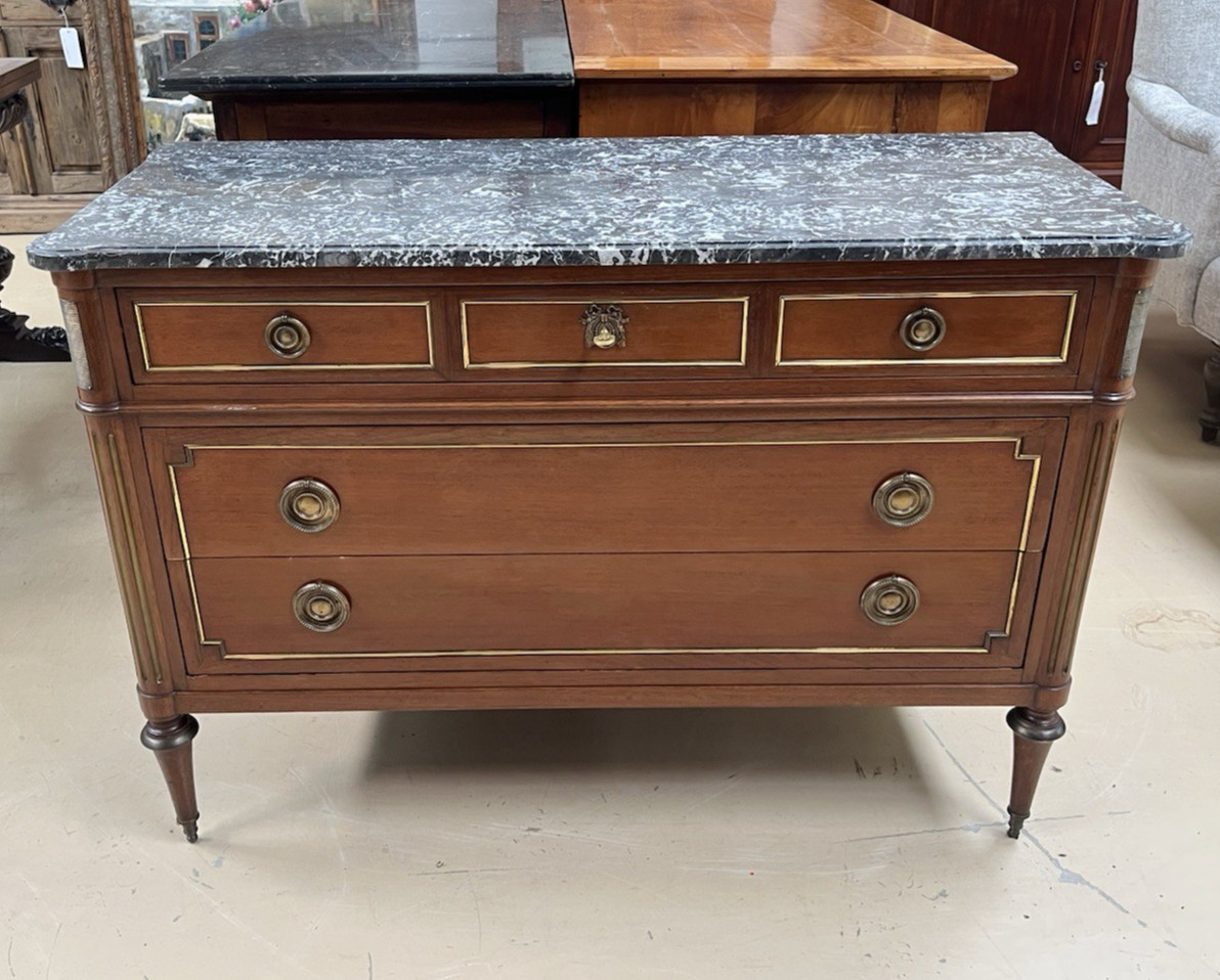 ANTIQUE FRENCH LOUIS XVI MARBLE-TOP MAHOGANY CHEST OF DRAWERS COMMODE