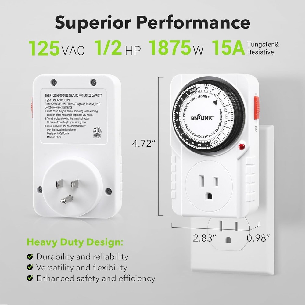 Grounded 24-Hour Plug-In Timer for Efficient Lighting & Appliance Automation