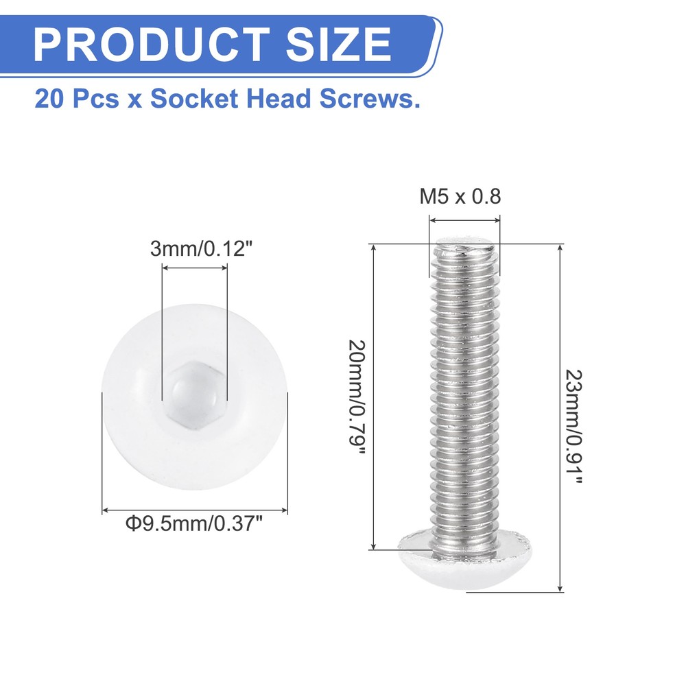 20 Pcs M5-0.8 x 20mm Button Head Socket Cap Screw Machine Screw, White