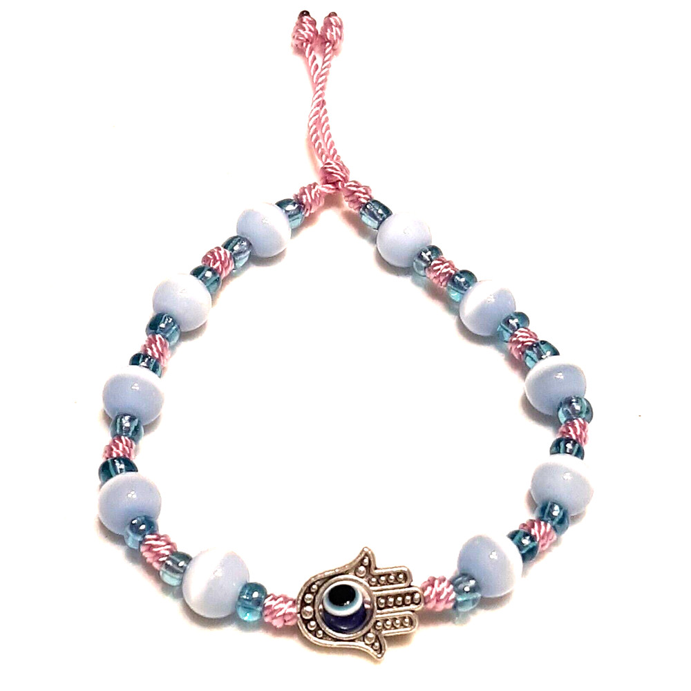 Hamsa Hand bracelet with light blue cat eye beads and lilac string
