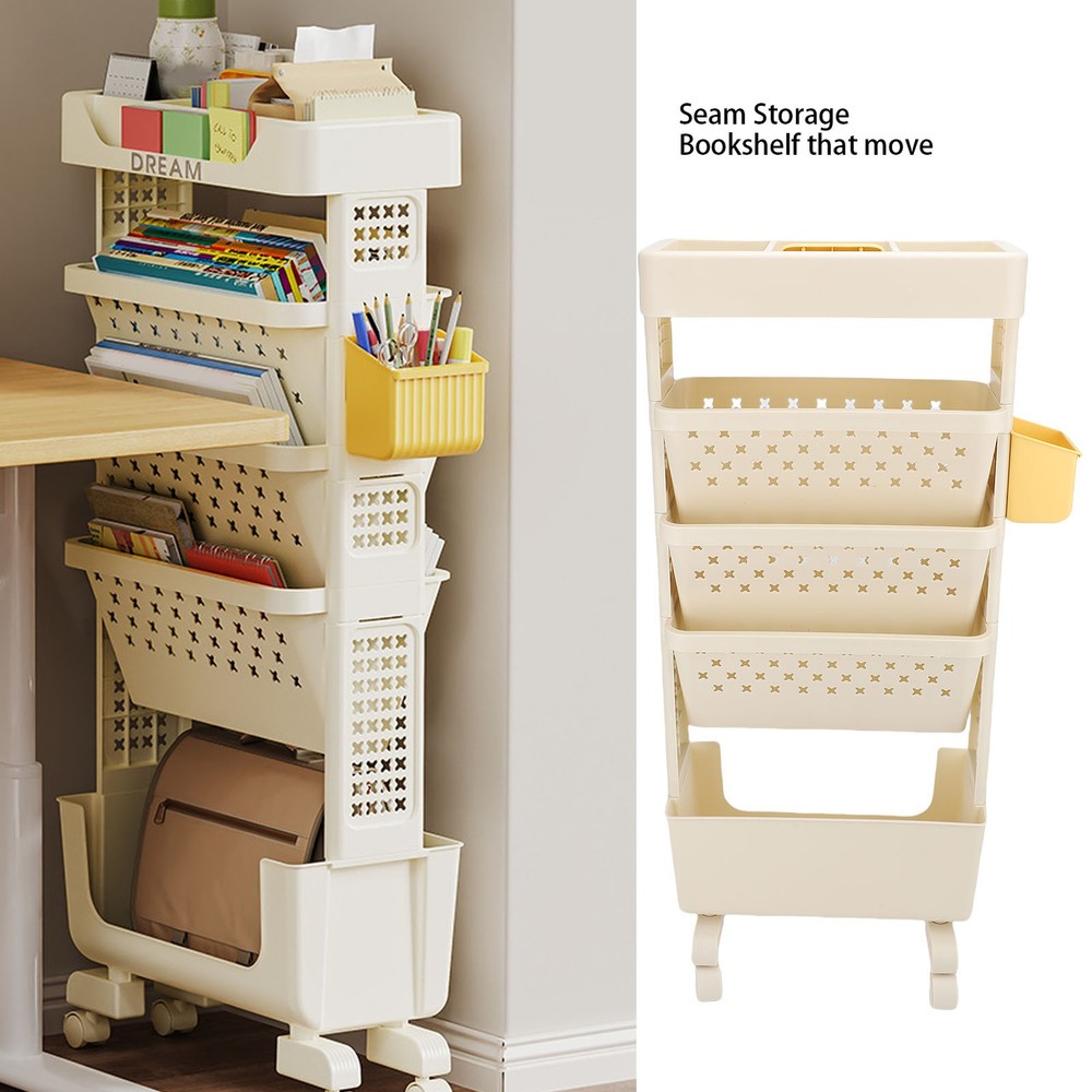 Rolling Book Cart 5 Tier PP Multi-Functional Movable Storage Book Rack White