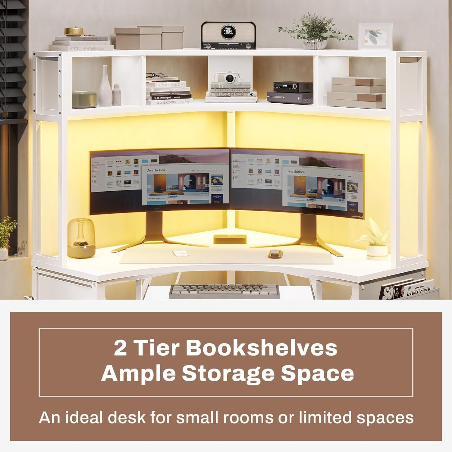 Corner Desk, Small Computer Desk with Hutch &LED Lights Small Office Desk, White