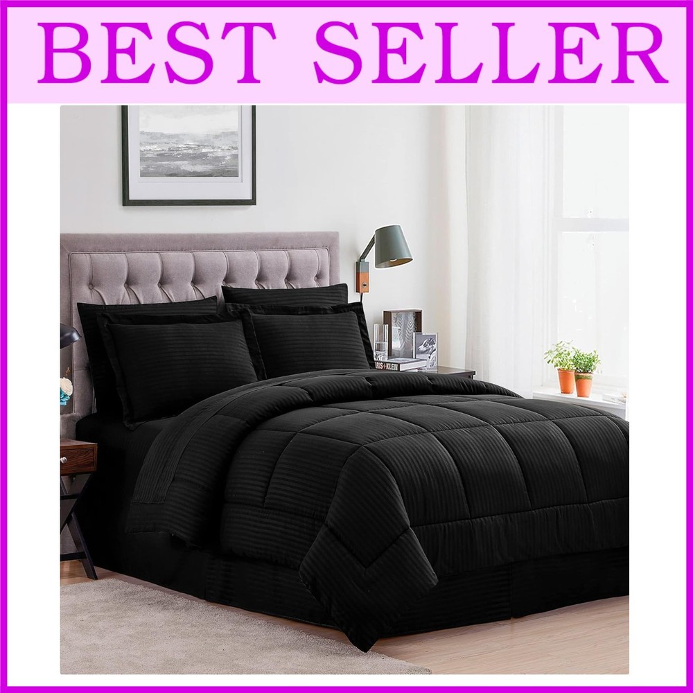 Black Dobby Queen Comforter Set with 8 Pieces