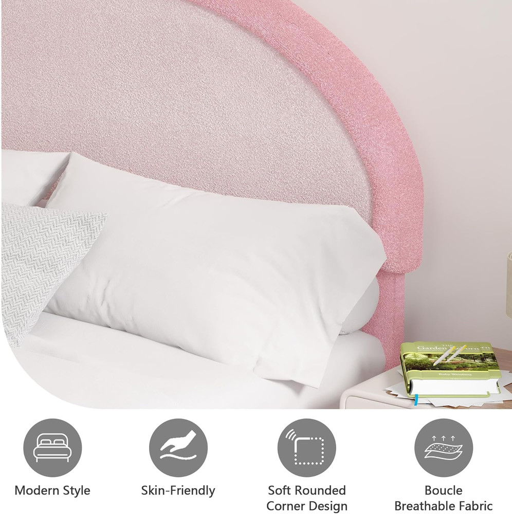 Full Size Bed Frame, Boucle Upholstered Platform Bed Frame with Headboard, Pink