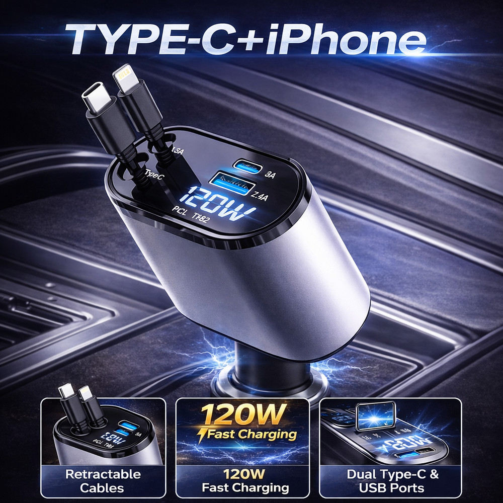 Car Charger 4 in 1 Retractable Type C iPhone Compatible Cable USB Fast Charging