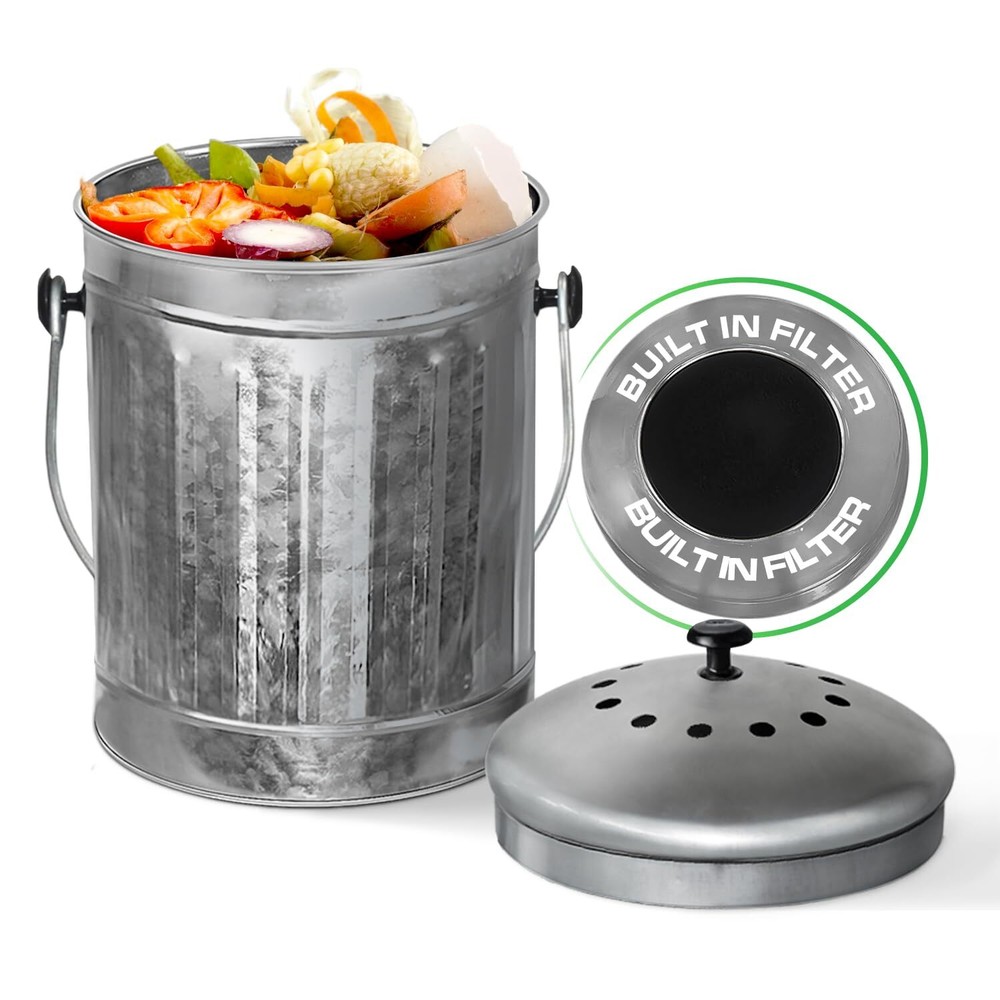 Countertop Compost Bin with Lid Silver 1.5 Gallon Odorless Kitchen Compost Co...