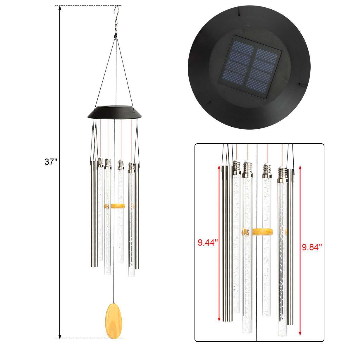 Color Changing Solar Wind Chimes LED Lights Large Deep Tone Resonant Bell Tubes