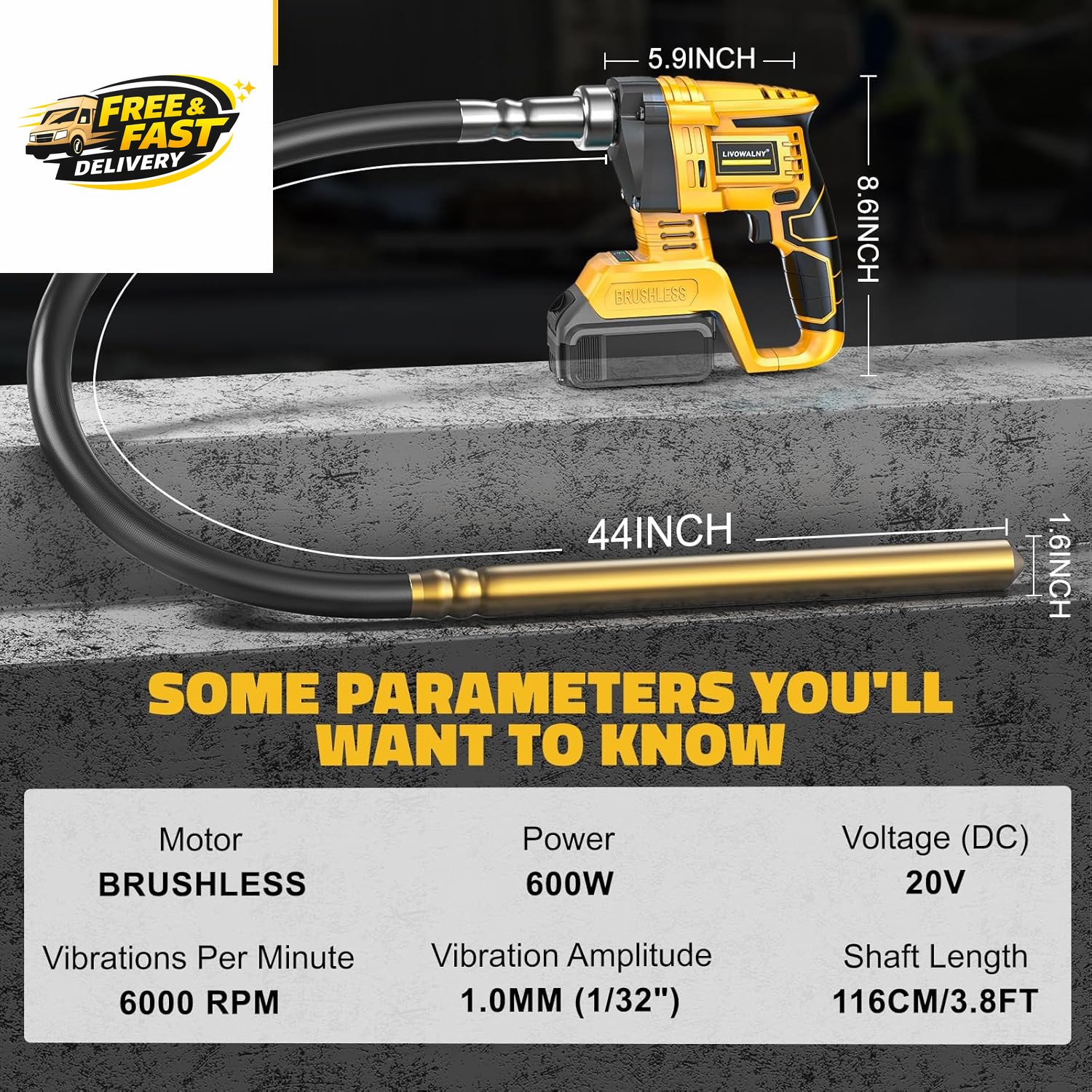 Handheld Concrete Vibrating Tool Compatible with Dewalt 20V Battery (No ),