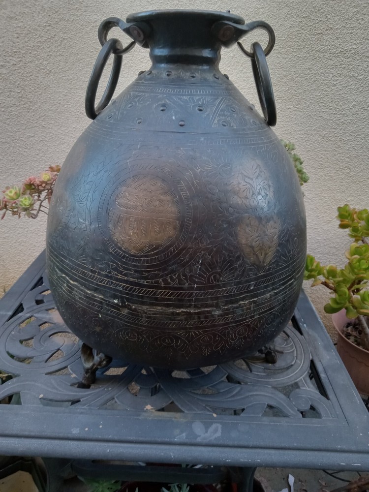 Antique Middle Eastern Etched Bronze Large Water Jug