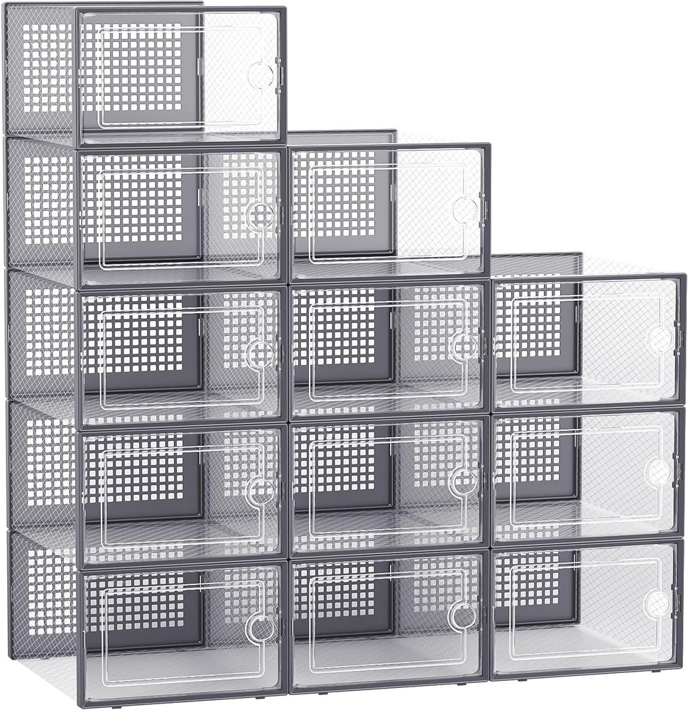 12 Pack Shoe Storage Boxes Clear Stackable Organizer Drop Front Closet Bin