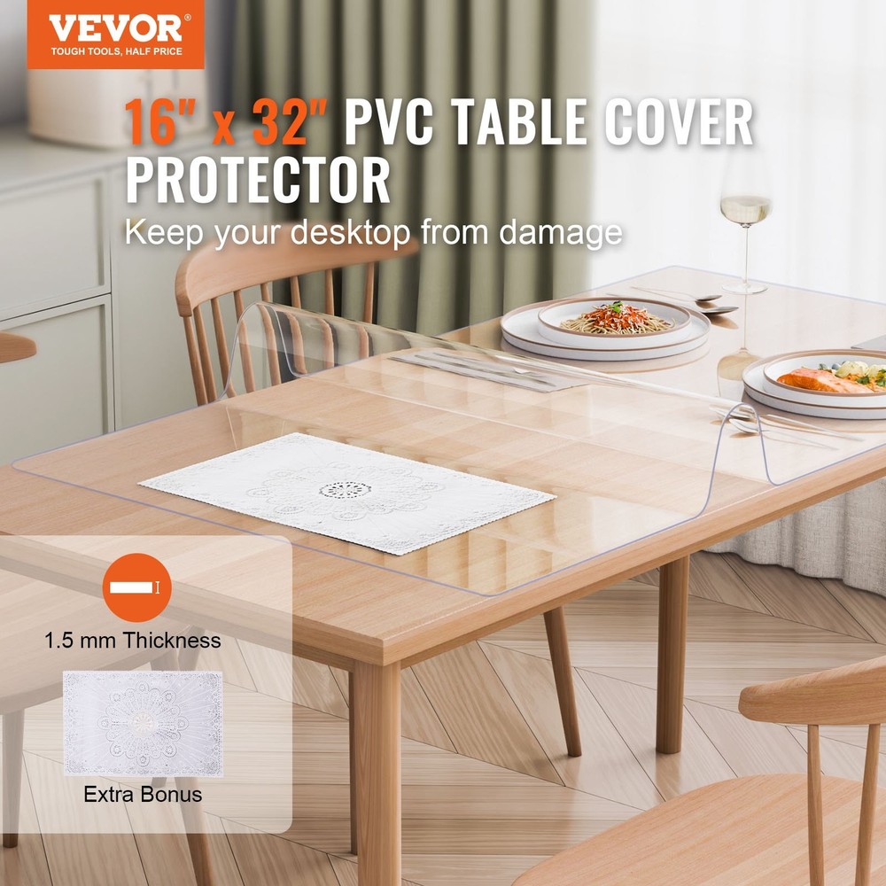 New/Plastic Table Cover, 16 x 32 Inch 1.5 mm Thick Clear Table Protector, Rectan