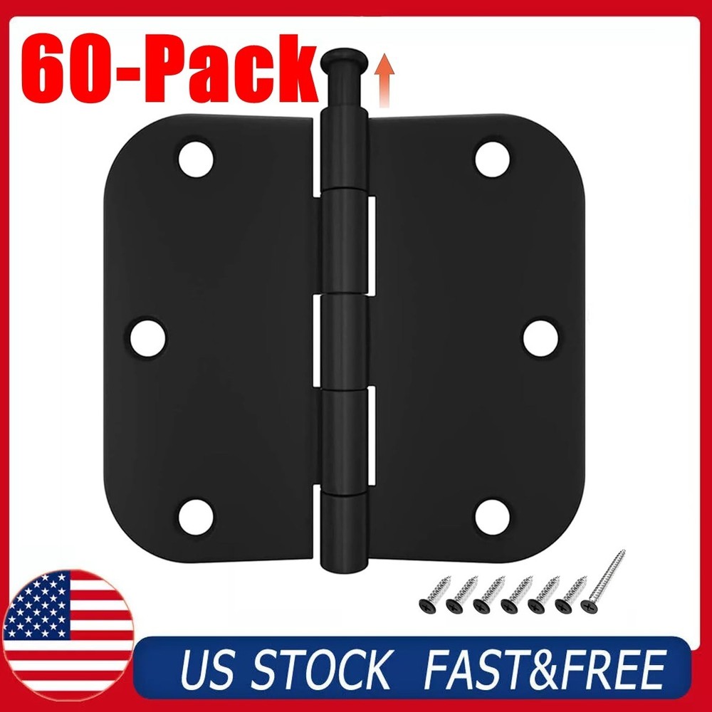 60PCS Hinges Interior Door Hinges 3.5" x 3.5" Rounded 5/8" Radius, Matte Black