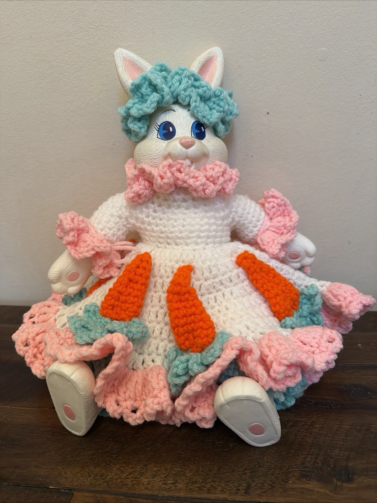 Vintage Easter Bunny Doll Handmade Crochet Carrot Dress Vinyl Rabbit Toy Decor