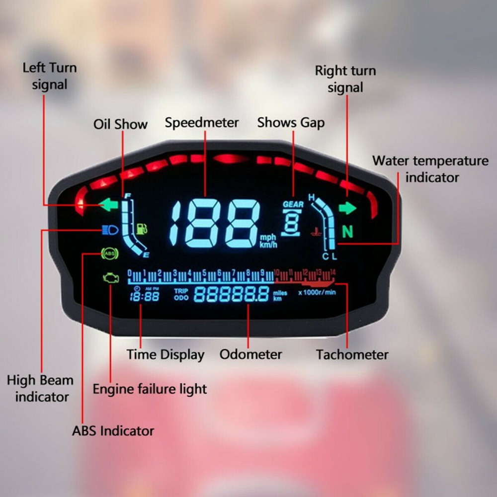 Universal Digital Motorcycle LCD Tachometer Speedometer Odometer Gauge KM/H MPH