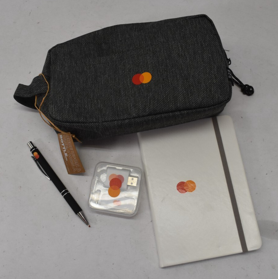 Mastercard Small Toiletry Bag Gray w USB Adapter & Pen & Notebook Journal Small