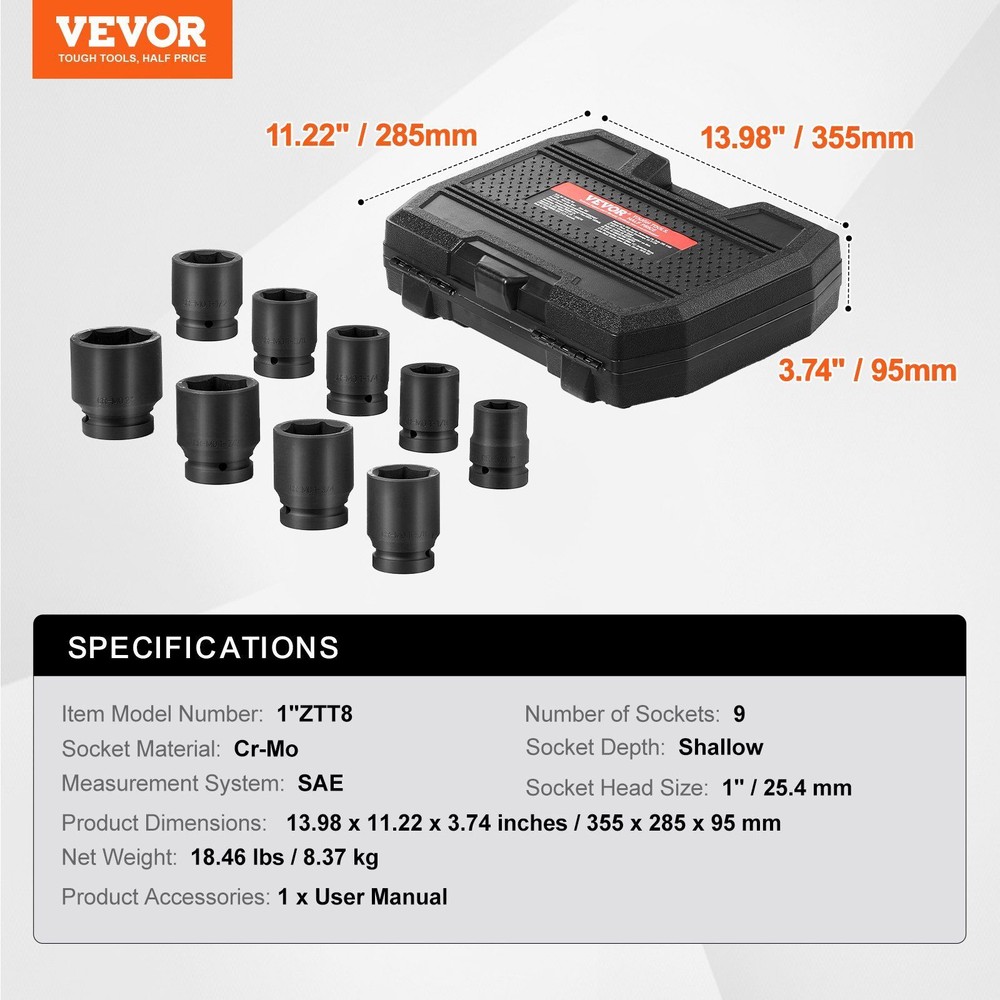 Axle Nut Impact Socket Set 1" Drive 6-Point 9PCS SAE Spindle Nut Socket