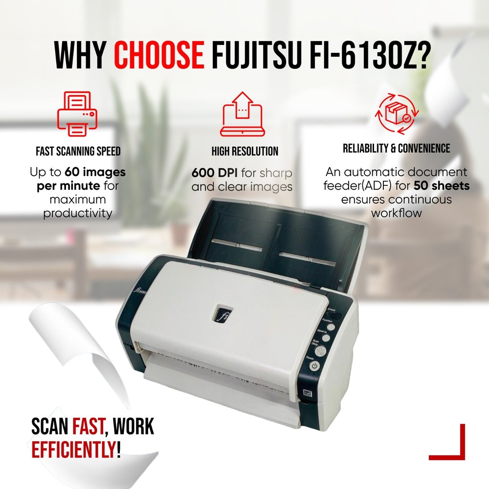 Fujitsu FI-6130Z Duplex Scanner w/NEW ZERO COUNT ROLLERS & Trays AC Adapter USB