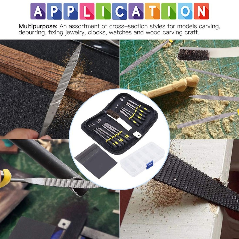 GLARKS 12pcs Mini Assorted Wood Rasp Set Include Brush and Storage Box Black