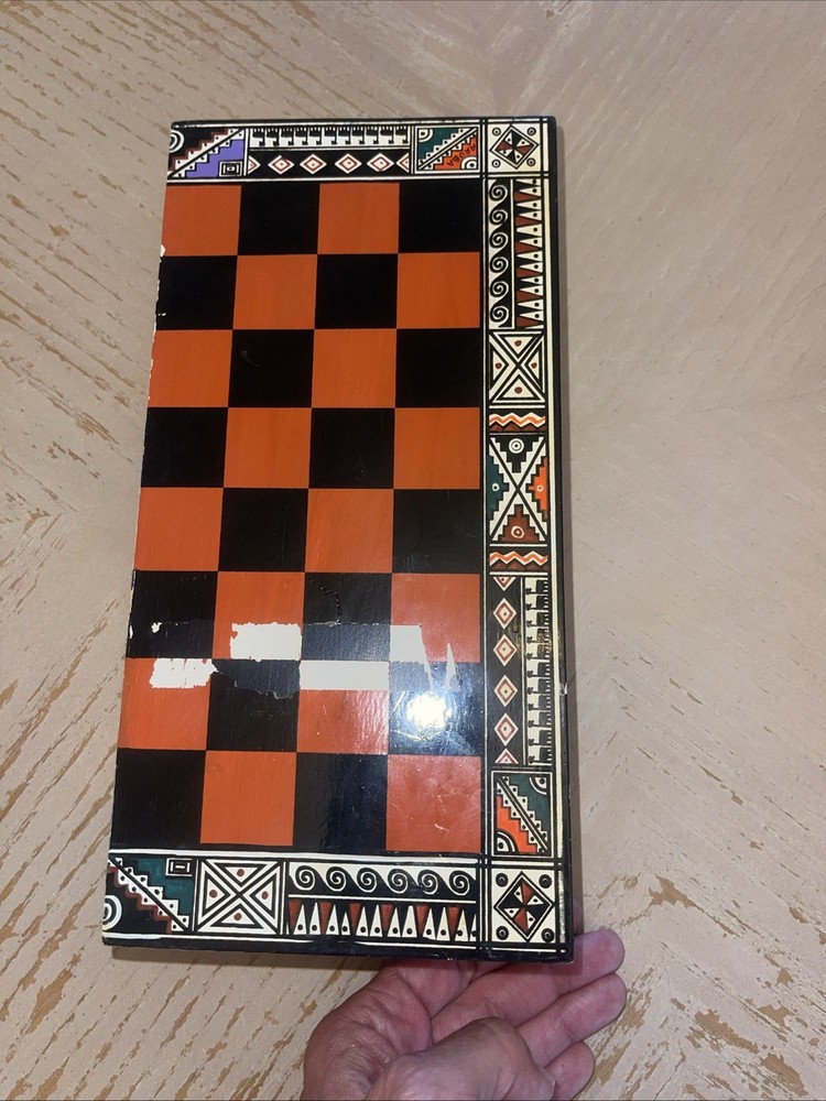 Vintage Hand-Painted Medieval Chess Set with Decorative Board One Piece Missing
