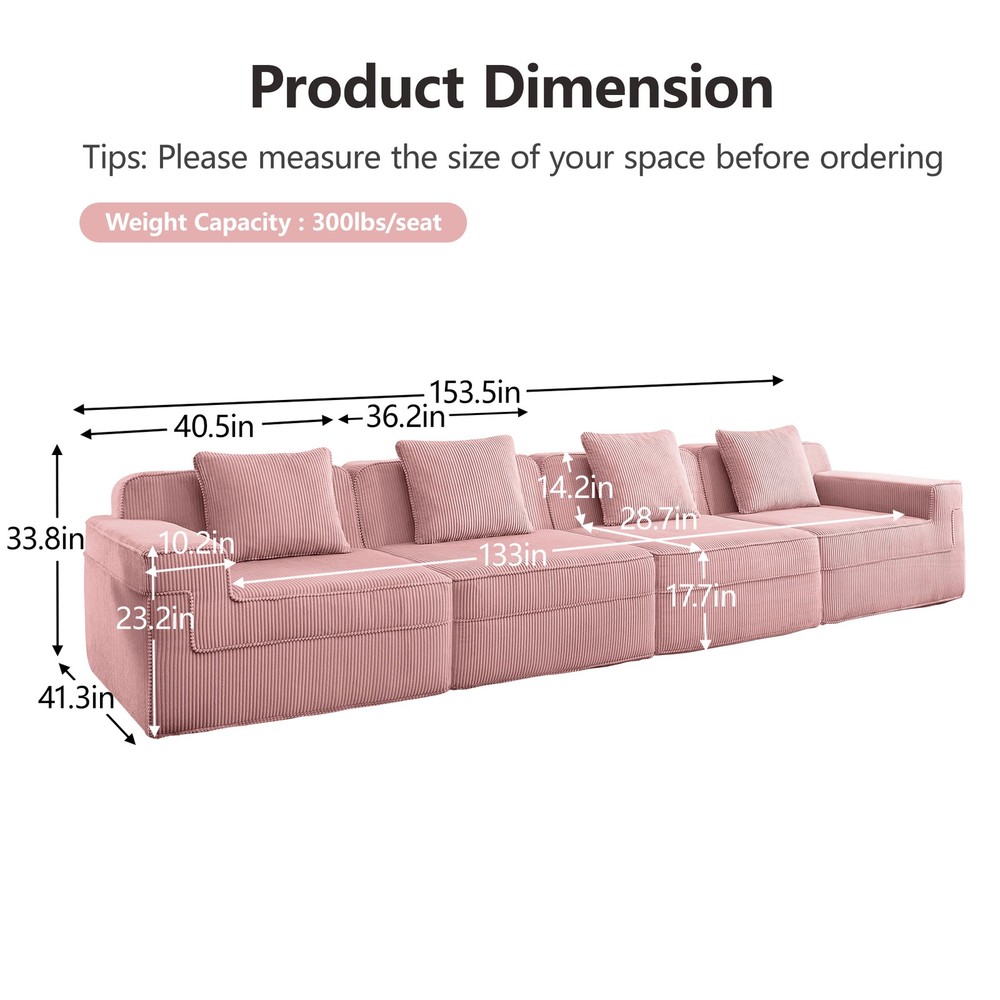 Modular 4 Seat Boneless Sofa, Cloud Sectional Couch with Deep Seat, Modern Mod