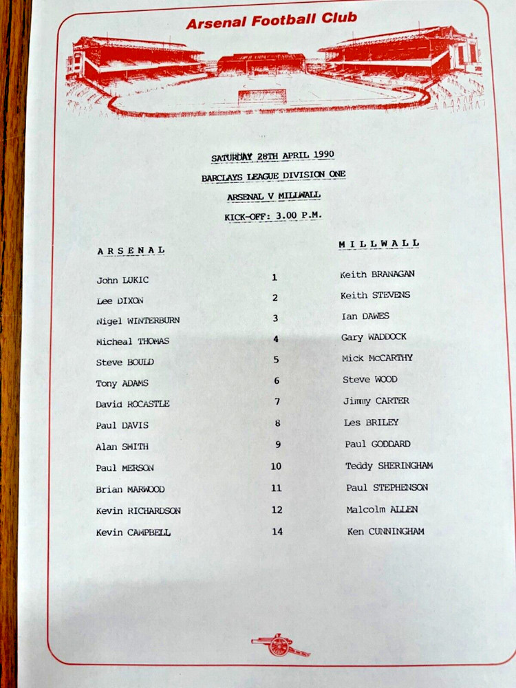 Arsenal vs Millwall Official First Team, Teamsheet, 28/4/1990