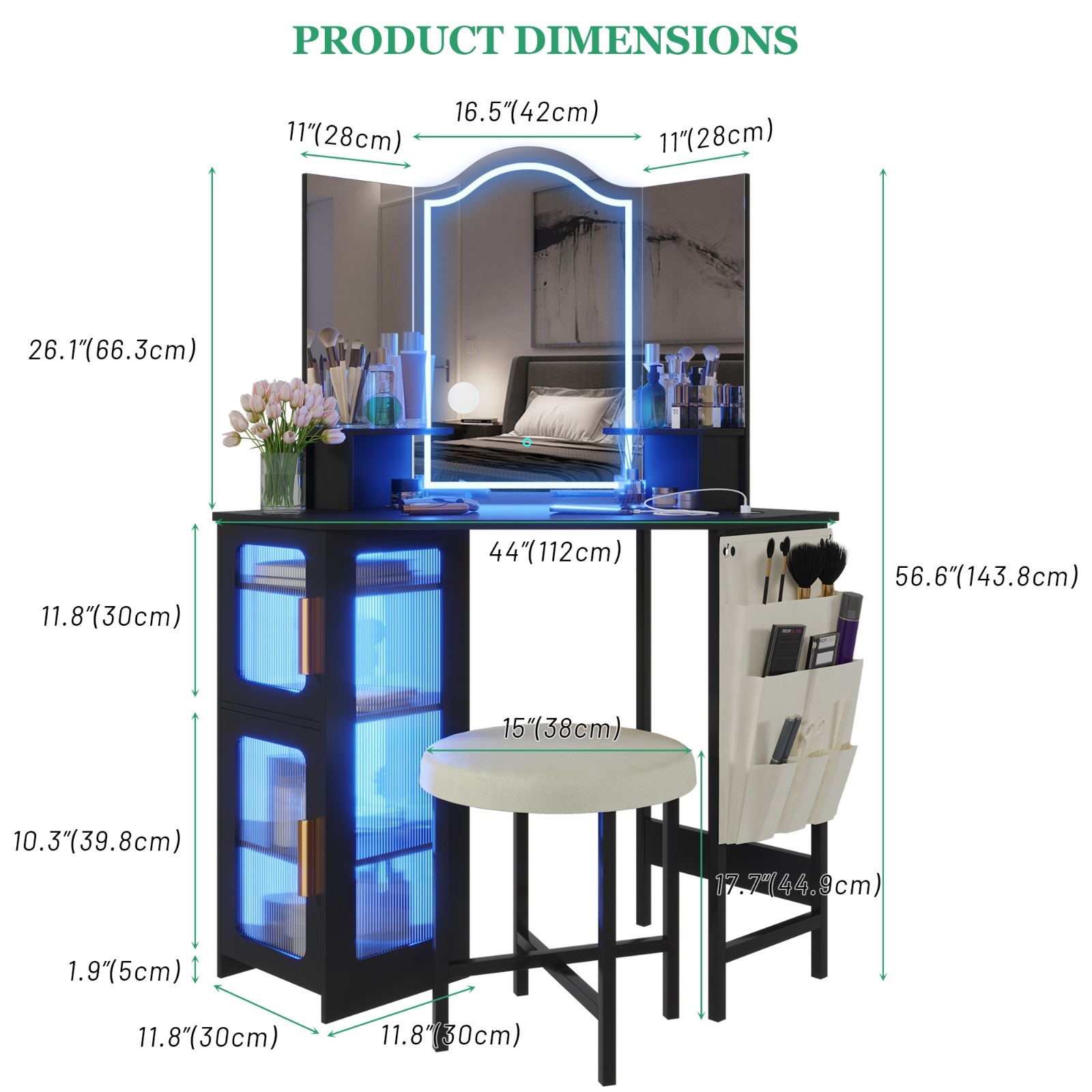 Corner Vanity Desk with Mirror and Lights, Makeup Vanity with Charging Station