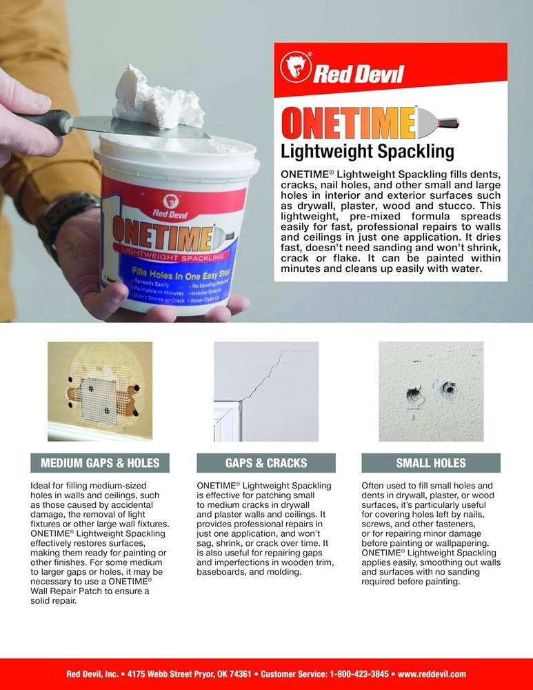 Red Devil ONETIME Lightweight Spackle Effortless Wall Repair | No-Sand Formula