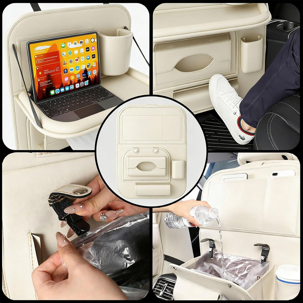 2 Pack Universal Premium Leather Foldable Car Backseat Organizer with Table Tray