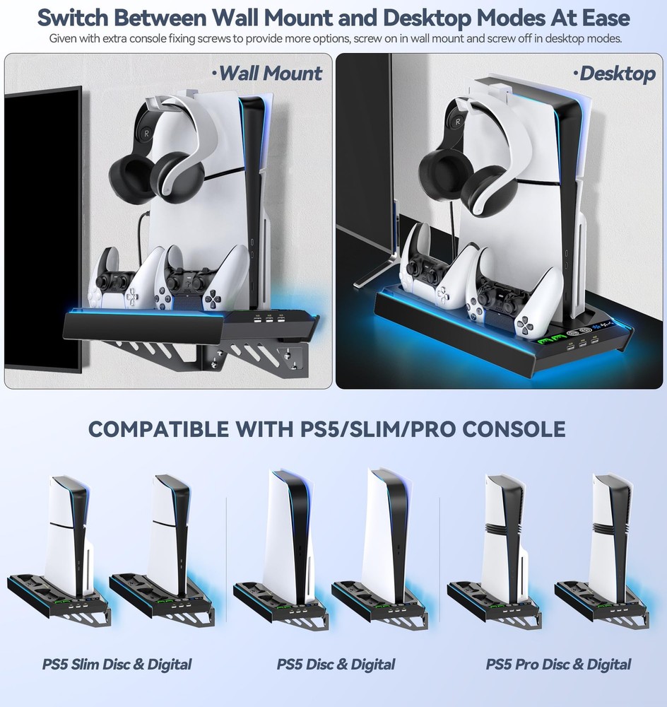 PS5 Wall Mount Kit with Charging Station for Edge & Dual Controller, 9 Black
